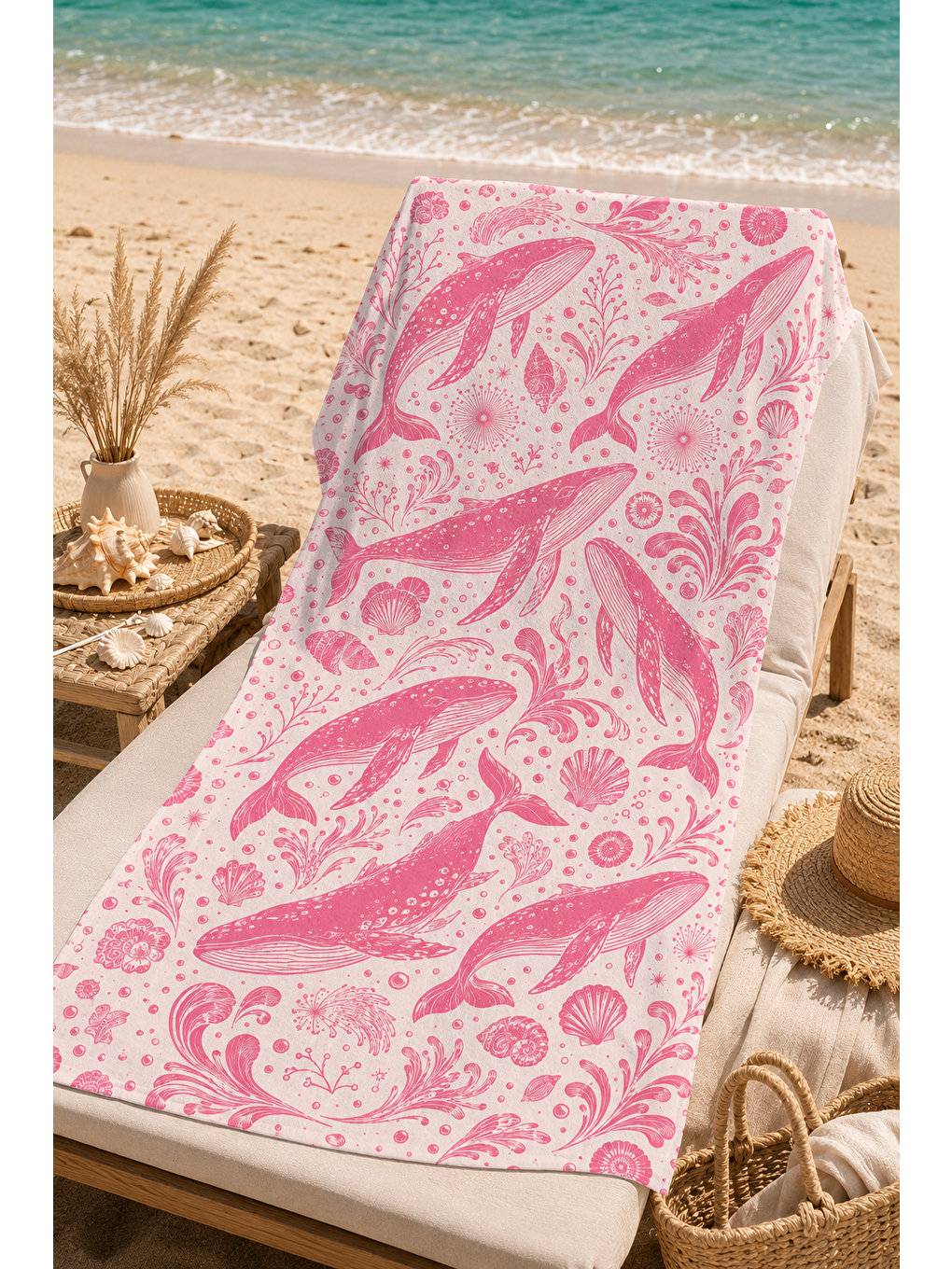Gri Pembe Deniz Yıldızı Çiçek Desenli 70x150 Plaj Havlusu-6
