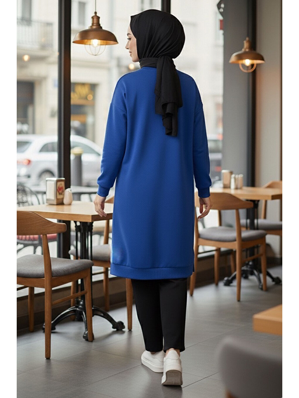 Mavi Armalı Yırtmaç Detaylı Vortex Tunik Saks - 27952-SAKS-4