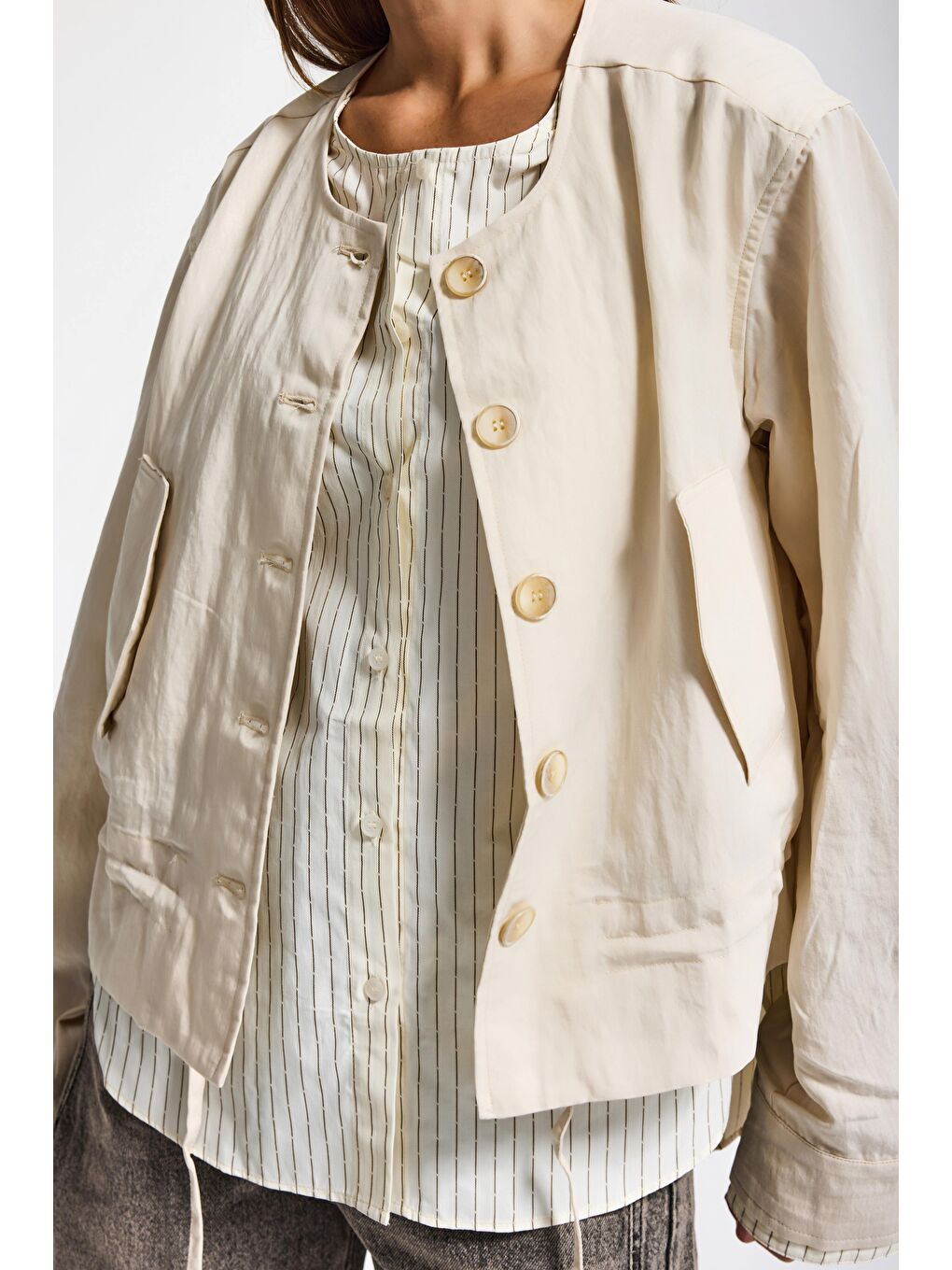 Kadın Bej Sarı w5 Bol Kesim Düğmeli Özel Tasarım Çift Parça Yazlık Ceket-1