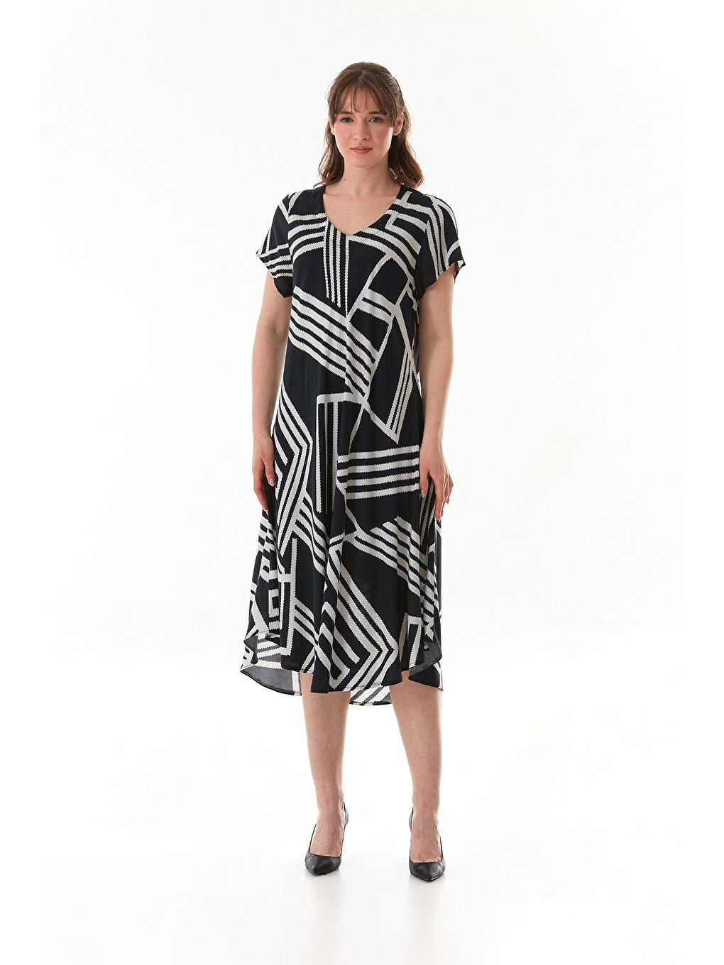 Siyah Çizgili V Yaka Salaş Elbise-1