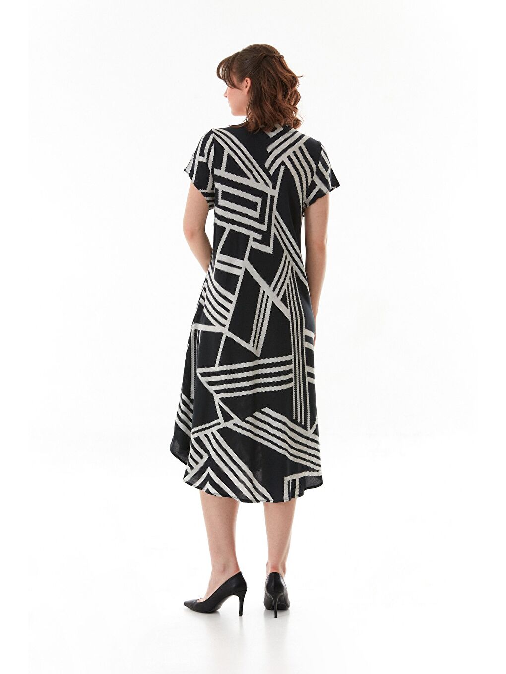 Siyah Çizgili V Yaka Salaş Elbise-3