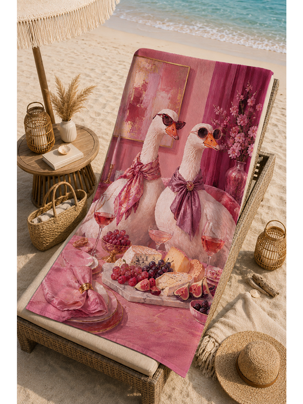 Mavi Kuş Figürlü Pembe Piknik Desenli 70x150 Plaj Havlusu-1