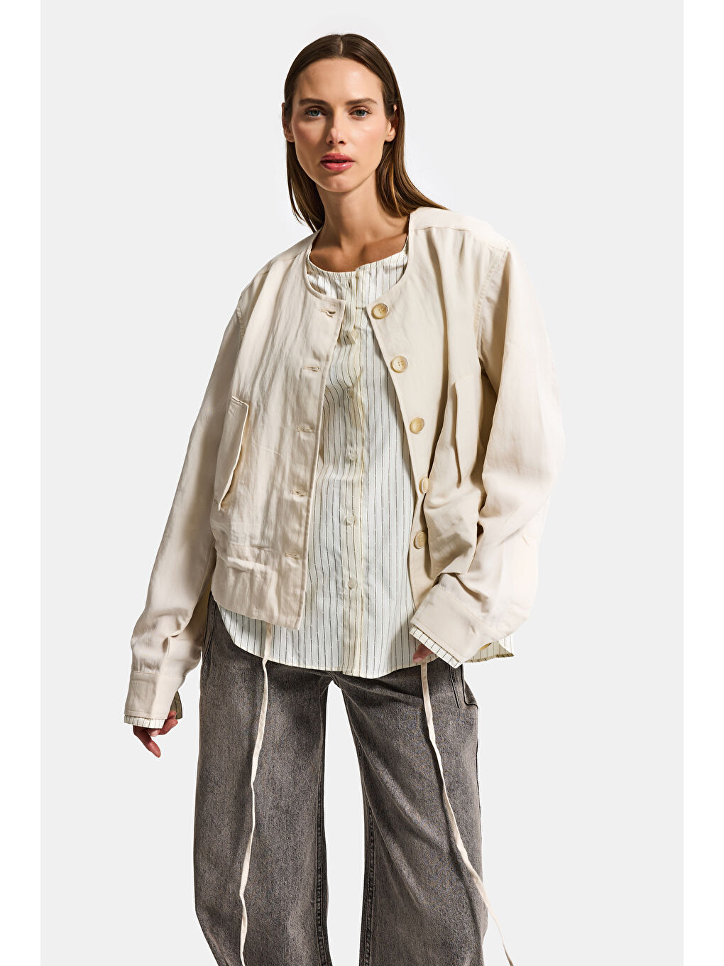 Kadın Bej Sarı w5 Bol Kesim Düğmeli Özel Tasarım Çift Parça Yazlık Ceket-2