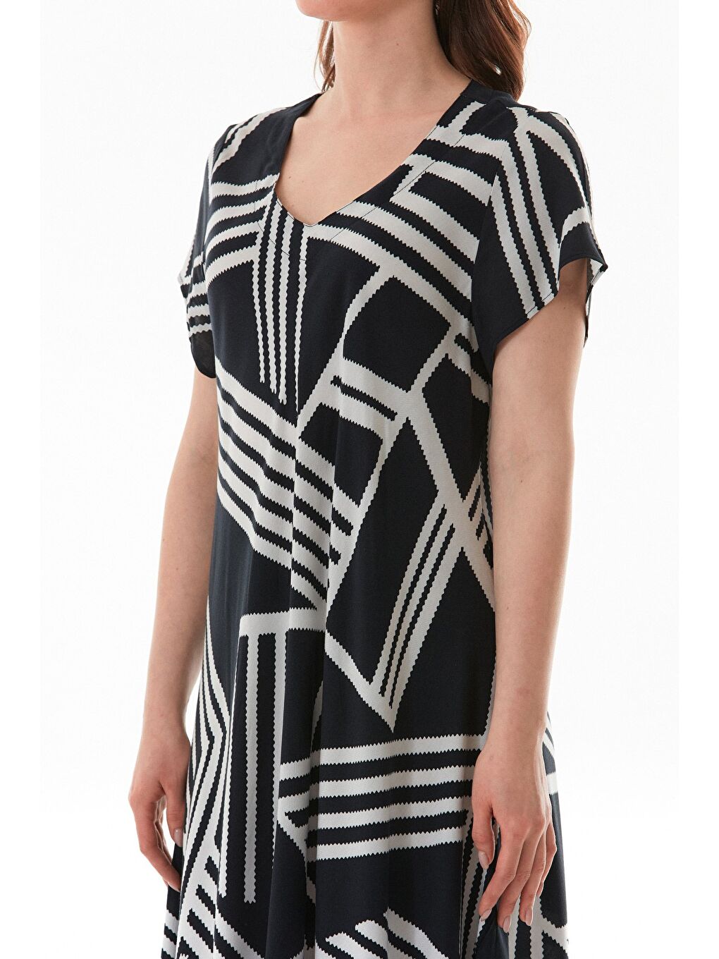 Siyah Çizgili V Yaka Salaş Elbise-4