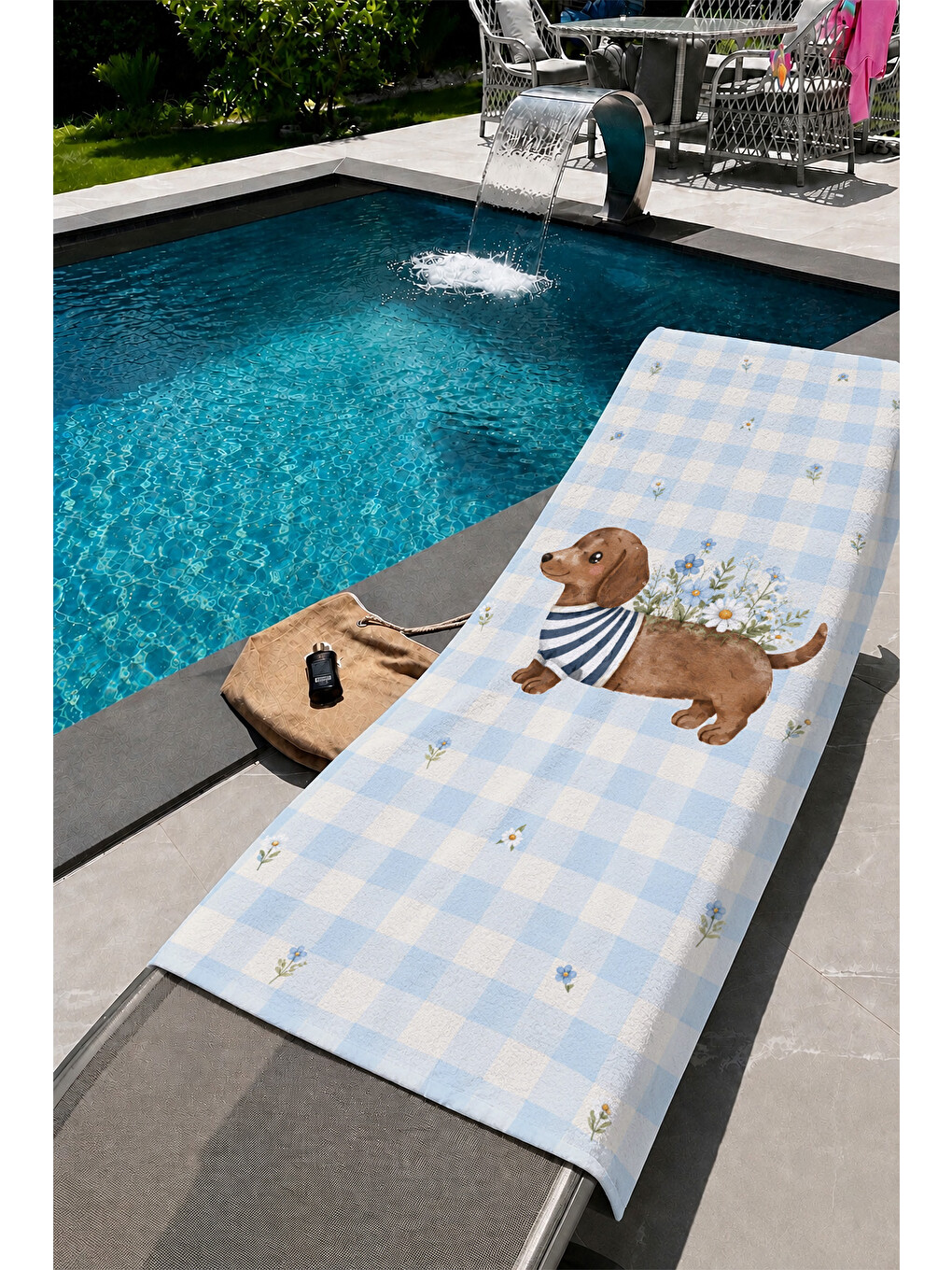 Gri Dachshund Köpek Çiçekli Desenli 70x150 Plaj Havlusu-1