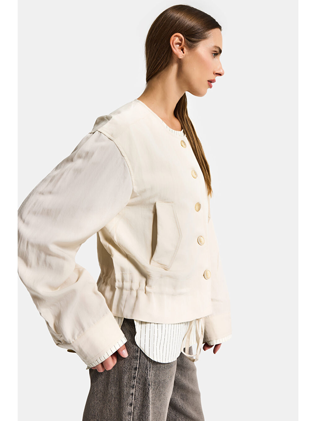 Kadın Bej Sarı w5 Bol Kesim Düğmeli Özel Tasarım Çift Parça Yazlık Ceket-3