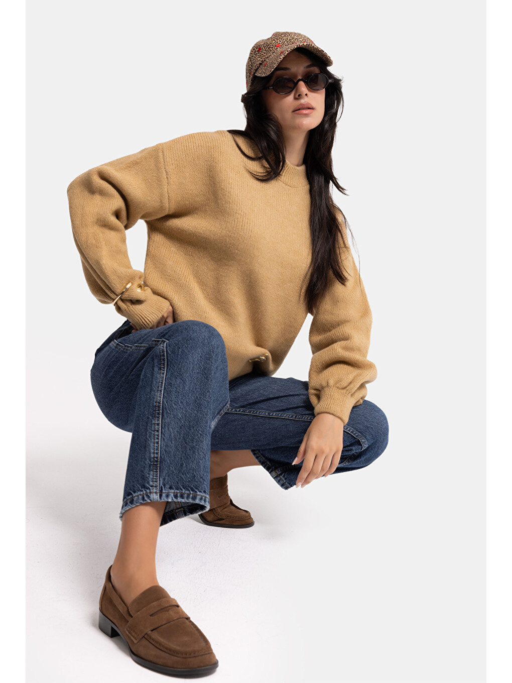 Bej Kadın Vizon W6-111 Oversize Aksesuar Detaylı Tasarım Triko Kazak-5