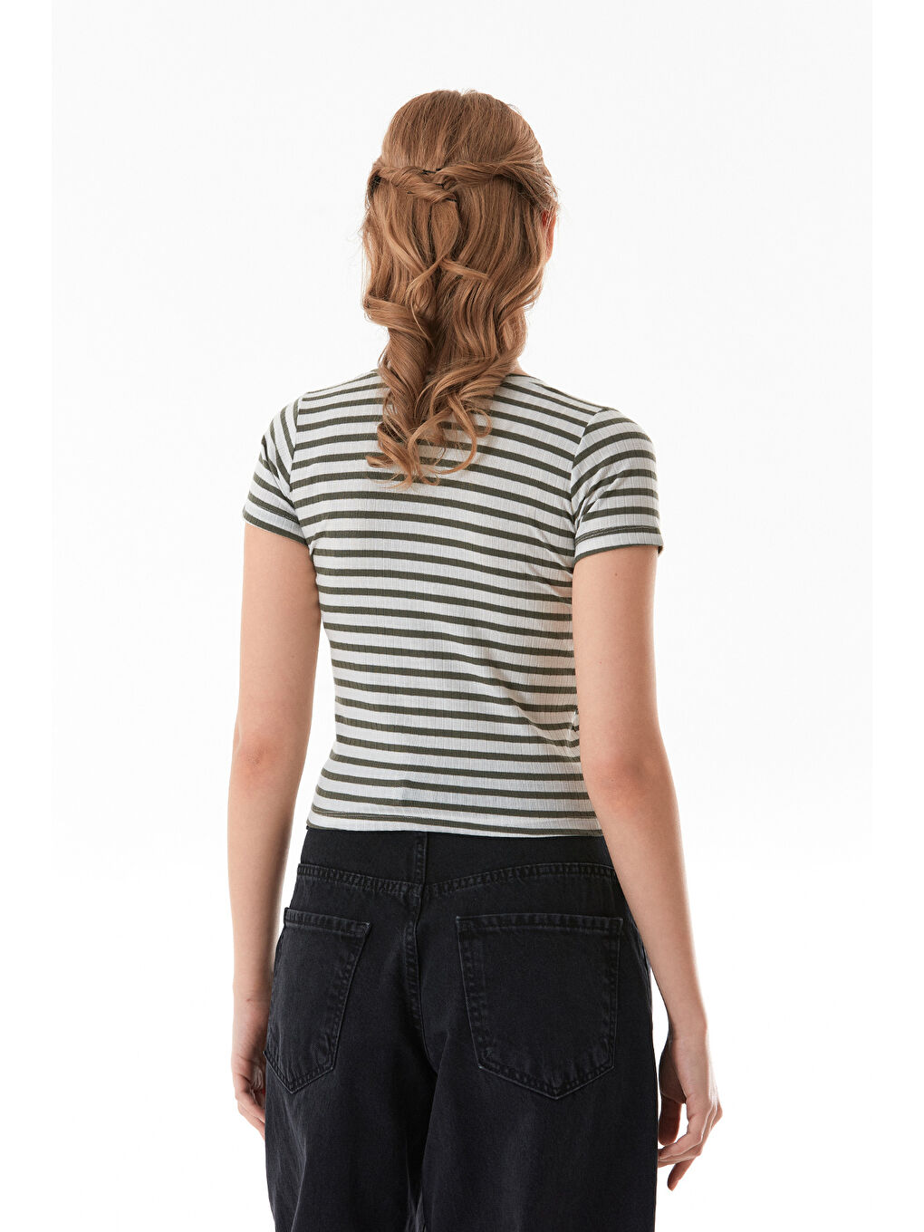 Yeşil Çizgili Bisiklet Yaka Tişört-2