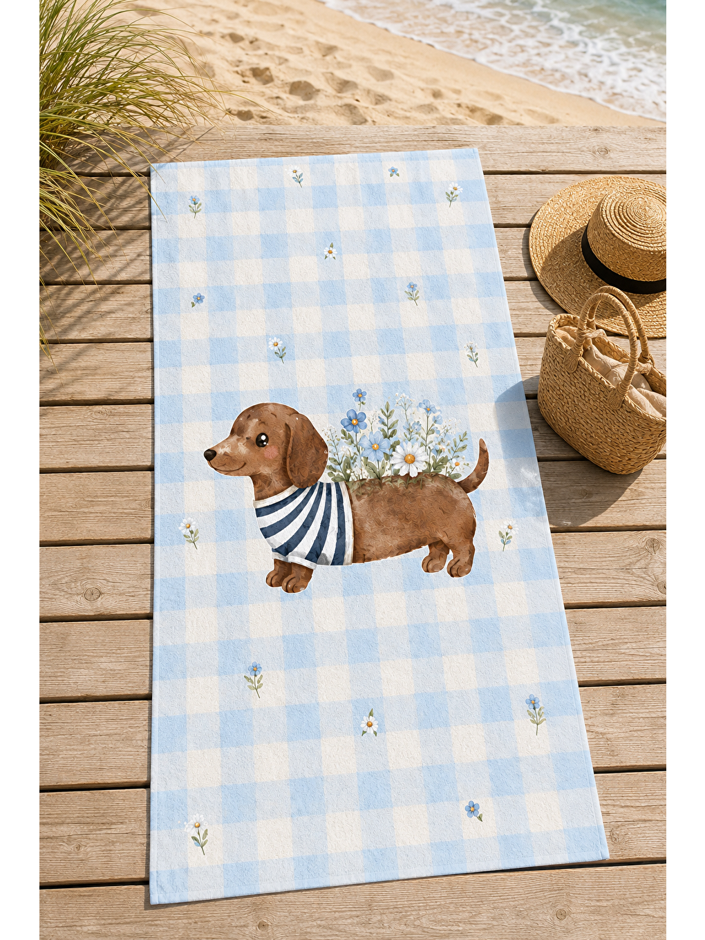 Gri Dachshund Köpek Çiçekli Desenli 70x150 Plaj Havlusu-2