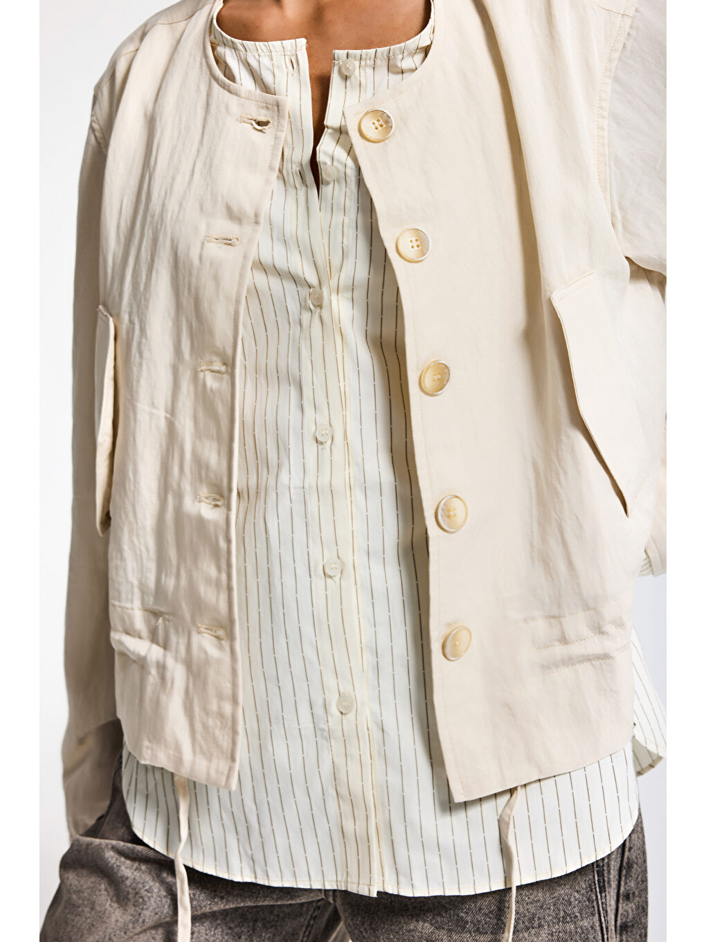 Kadın Bej Sarı w5 Bol Kesim Düğmeli Özel Tasarım Çift Parça Yazlık Ceket-5