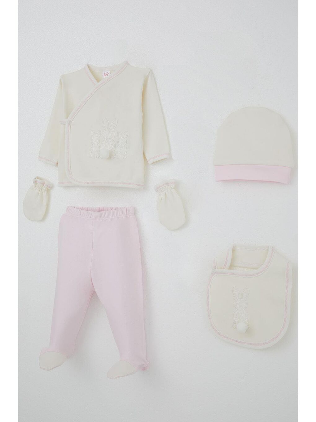 Kız Bebek Hastane Çıkışı 5 Li Ponponlu Tavşancık Nakışlı Ekru (0-3 Ay)-1