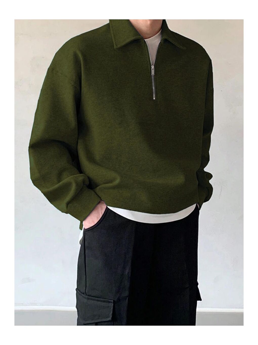 GENIUS STORE Haki Erkek Polo Yaka Oversize Sweatshirt Yarım Fermuar Sweatshirt - 1