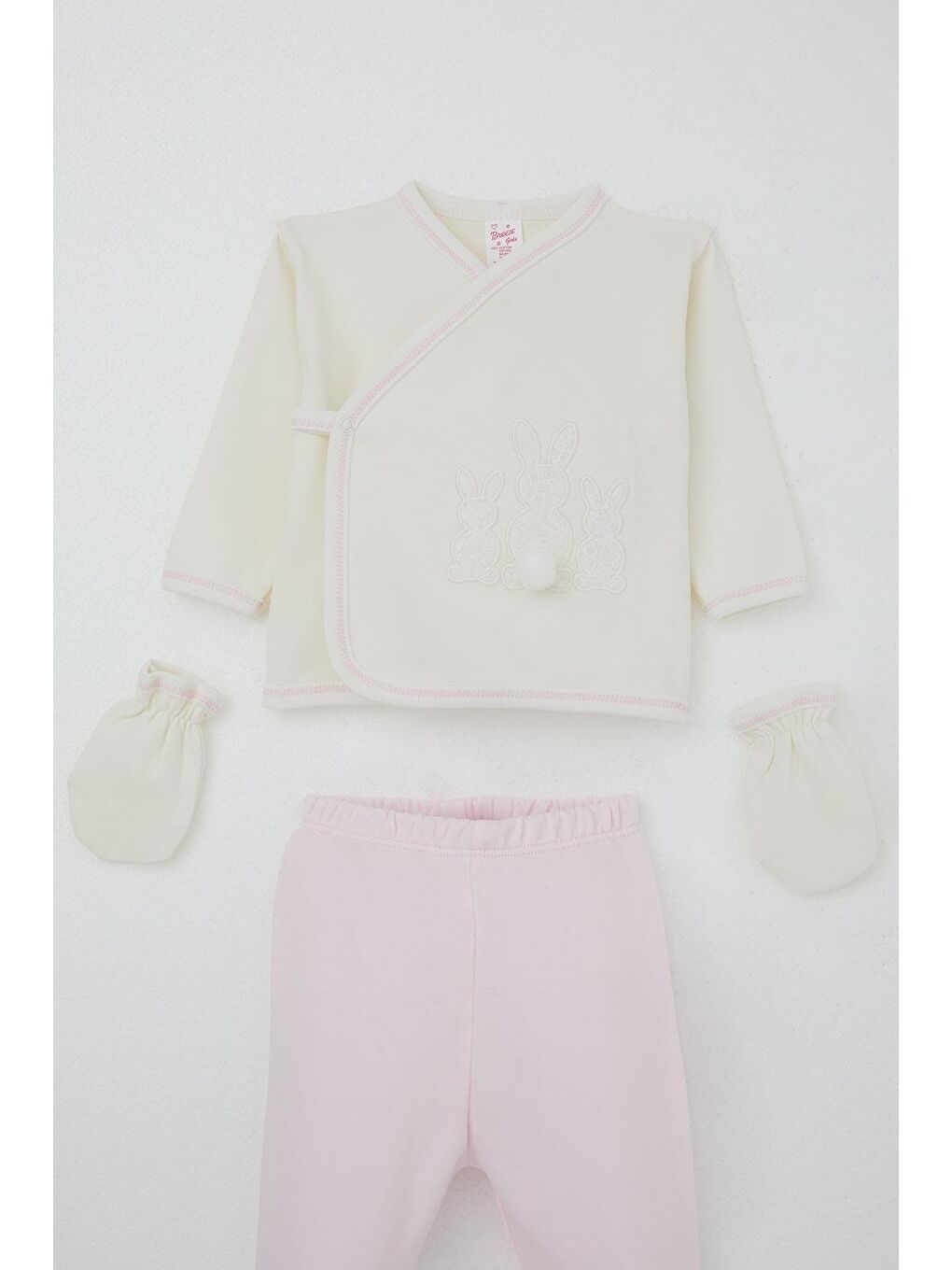 Kız Bebek Hastane Çıkışı 5 Li Ponponlu Tavşancık Nakışlı Ekru (0-3 Ay)-2