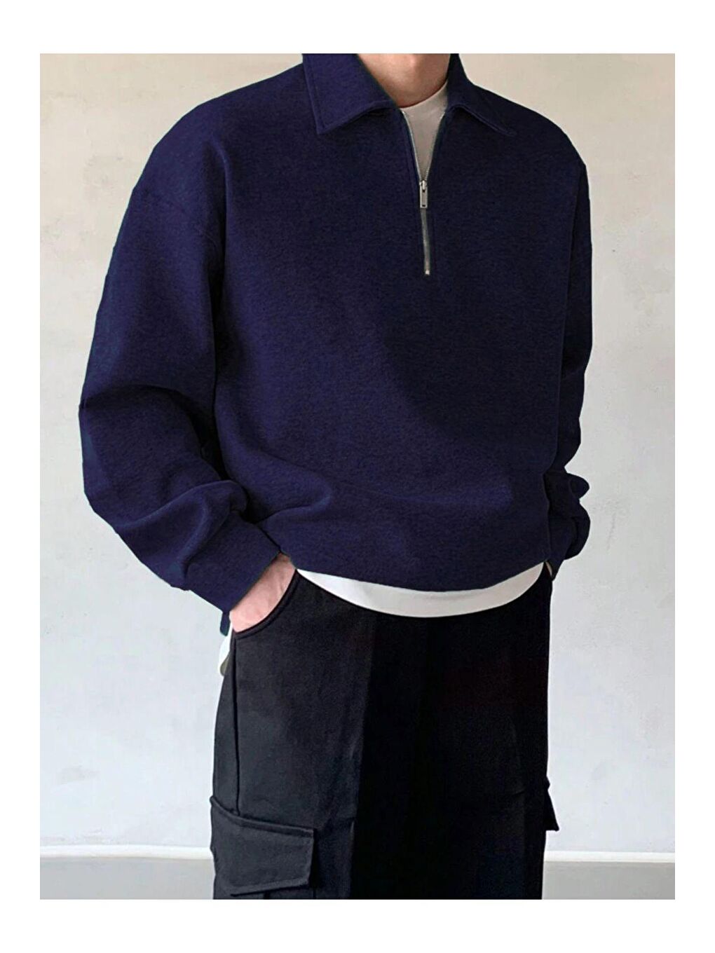 GENIUS STORE Lacivert Erkek Polo Yaka Oversize Sweatshirt Yarım Fermuar Sweatshirt - 1