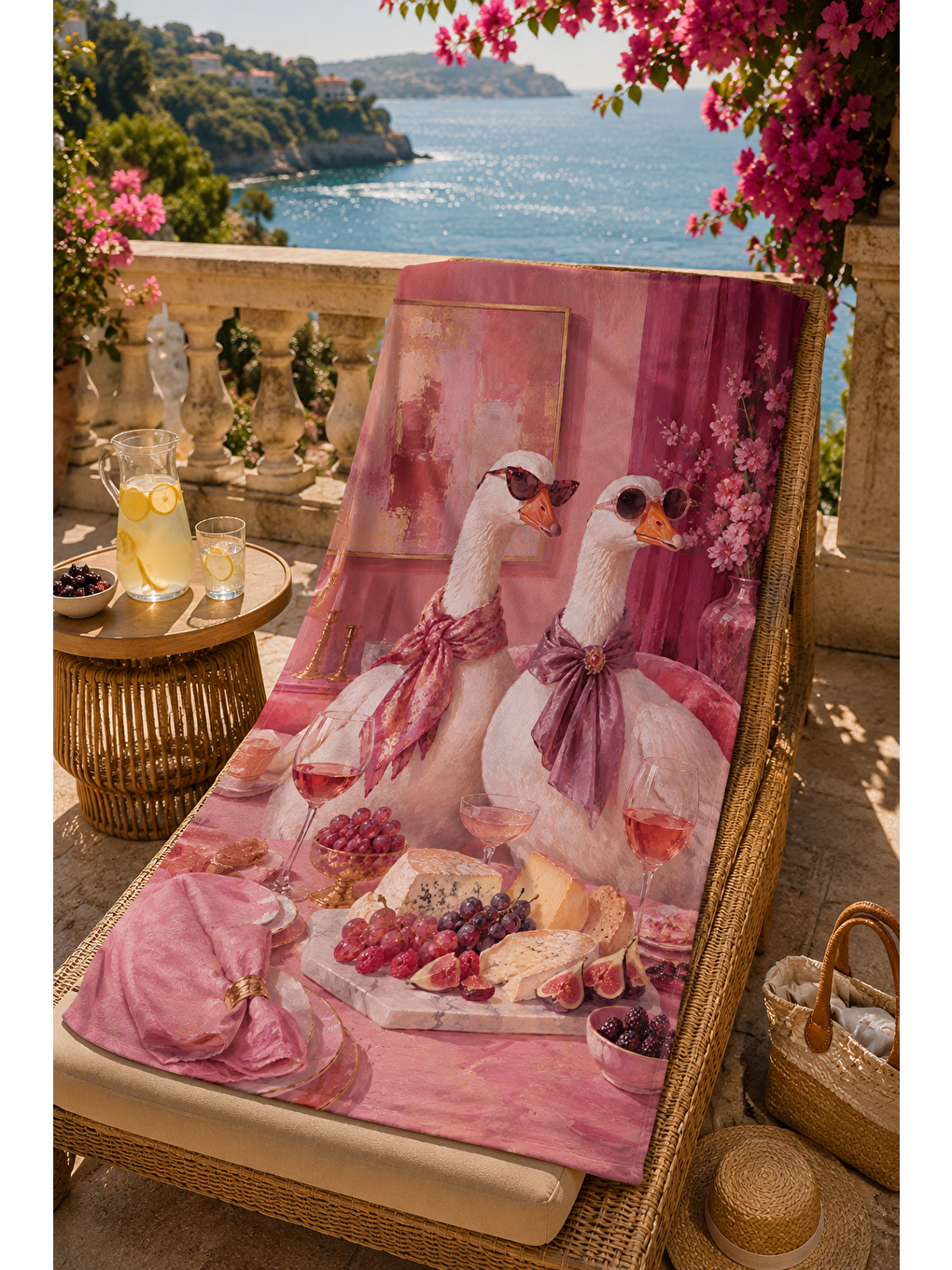 Mavi Kuş Figürlü Pembe Piknik Desenli 70x150 Plaj Havlusu-2