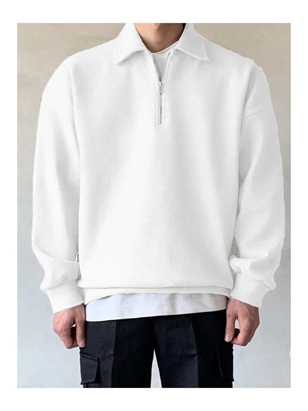 GENIUS STORE Taş Erkek Polo Yaka Oversize Sweatshirt Yarım Fermuar Sweatshirt - 1