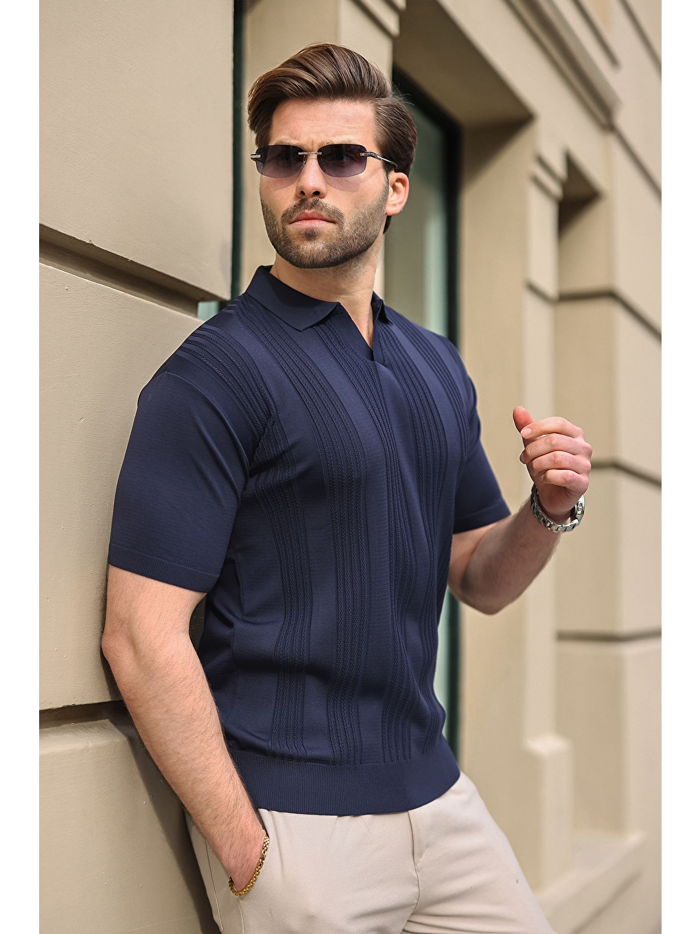 Lacivert Polo Yaka Triko Erkek Tişört E7469-1