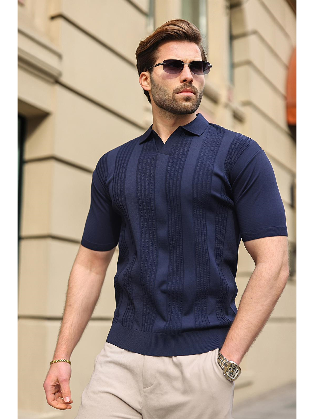 Lacivert Polo Yaka Triko Erkek Tişört E7469-3