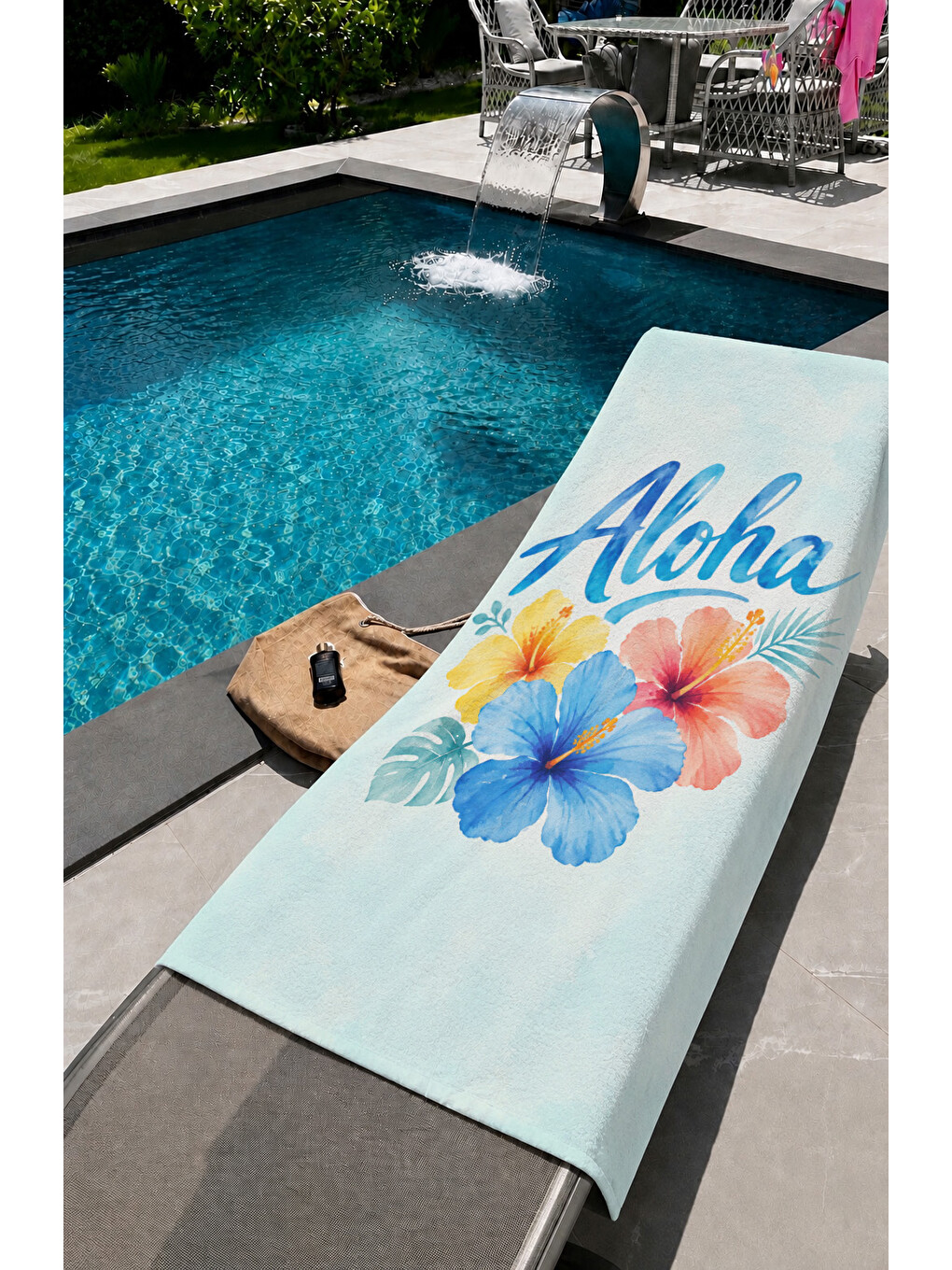 Ekru Tropik Hibiskus Çiçek Desenli 70x150 Plaj Havlusu-1