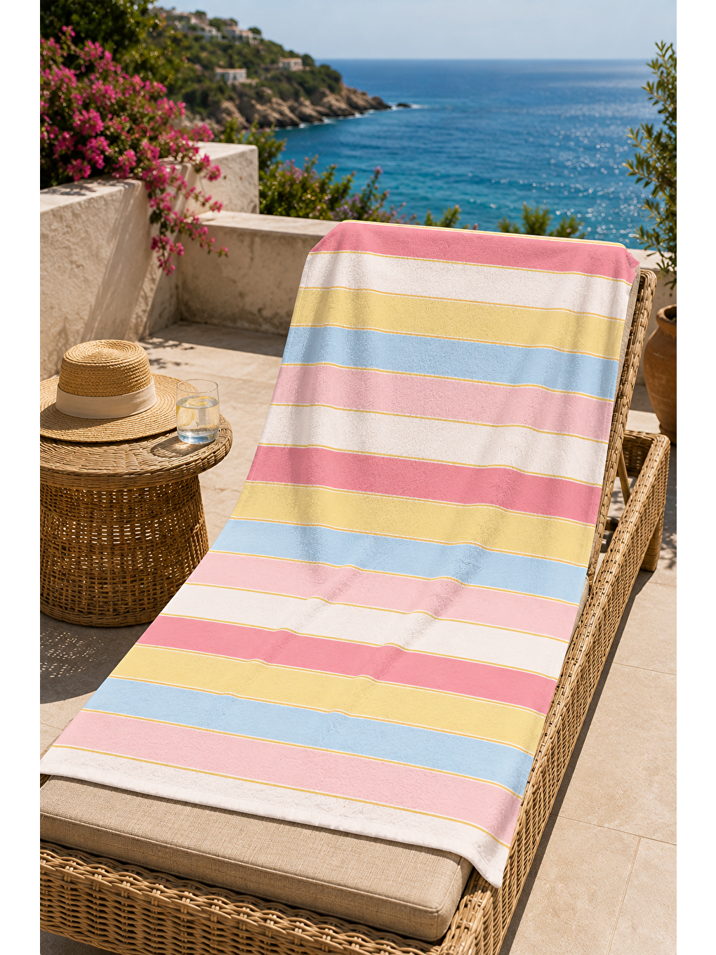 Pembe Pastel Renkli Yatay Şerit Desenli 70x150 Plaj Havlusu-3