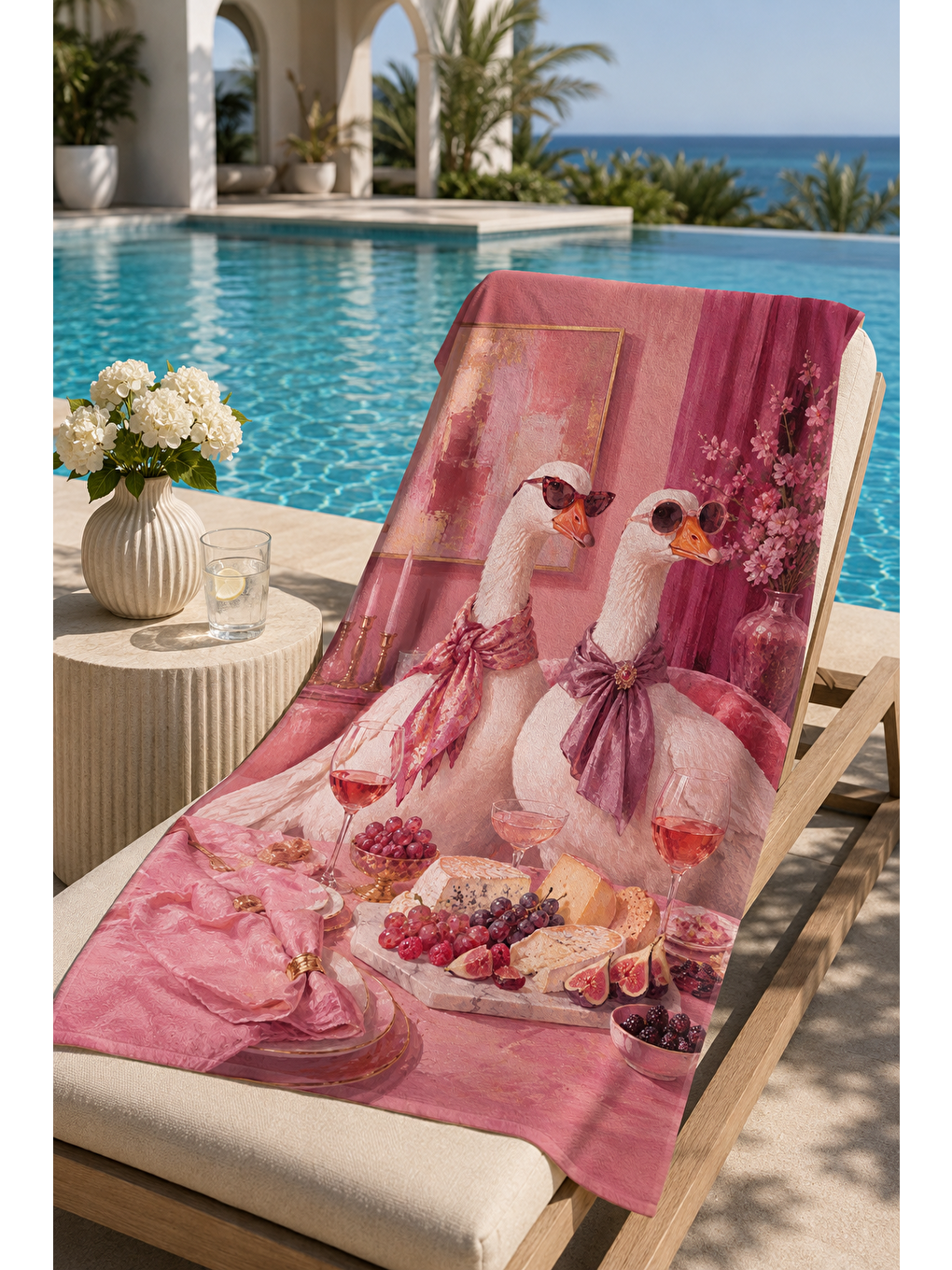 Mavi Kuş Figürlü Pembe Piknik Desenli 70x150 Plaj Havlusu-3