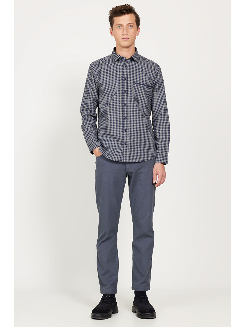 Erkek Lacivert-Gri Slim Fit Dar Kesim Klasik Yaka Kareli Gömlek-1