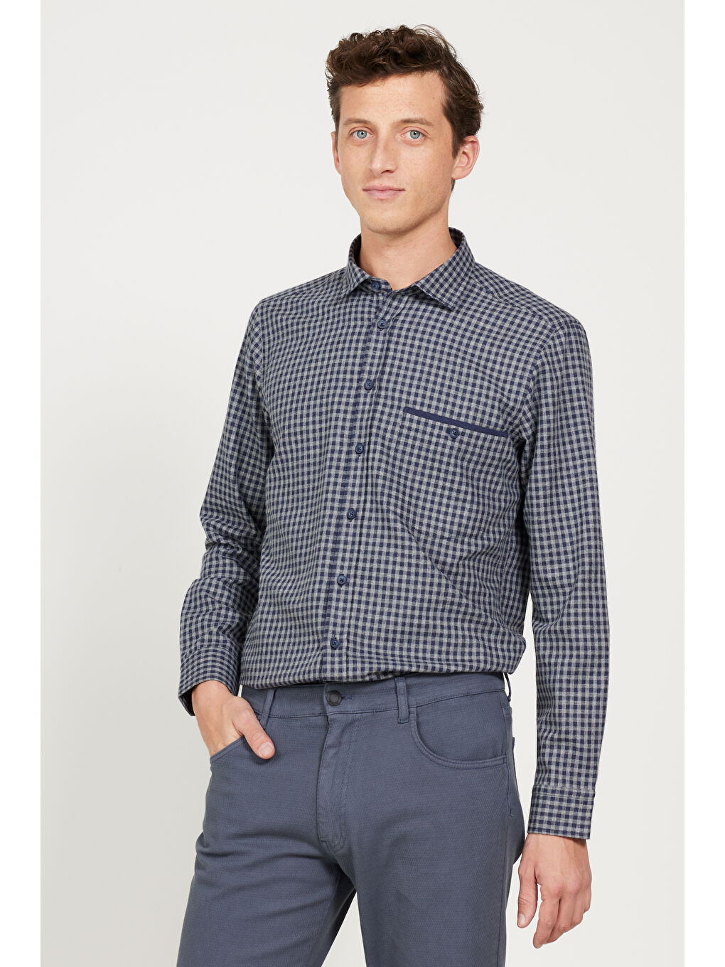 Erkek Lacivert-Gri Slim Fit Dar Kesim Klasik Yaka Kareli Gömlek-2