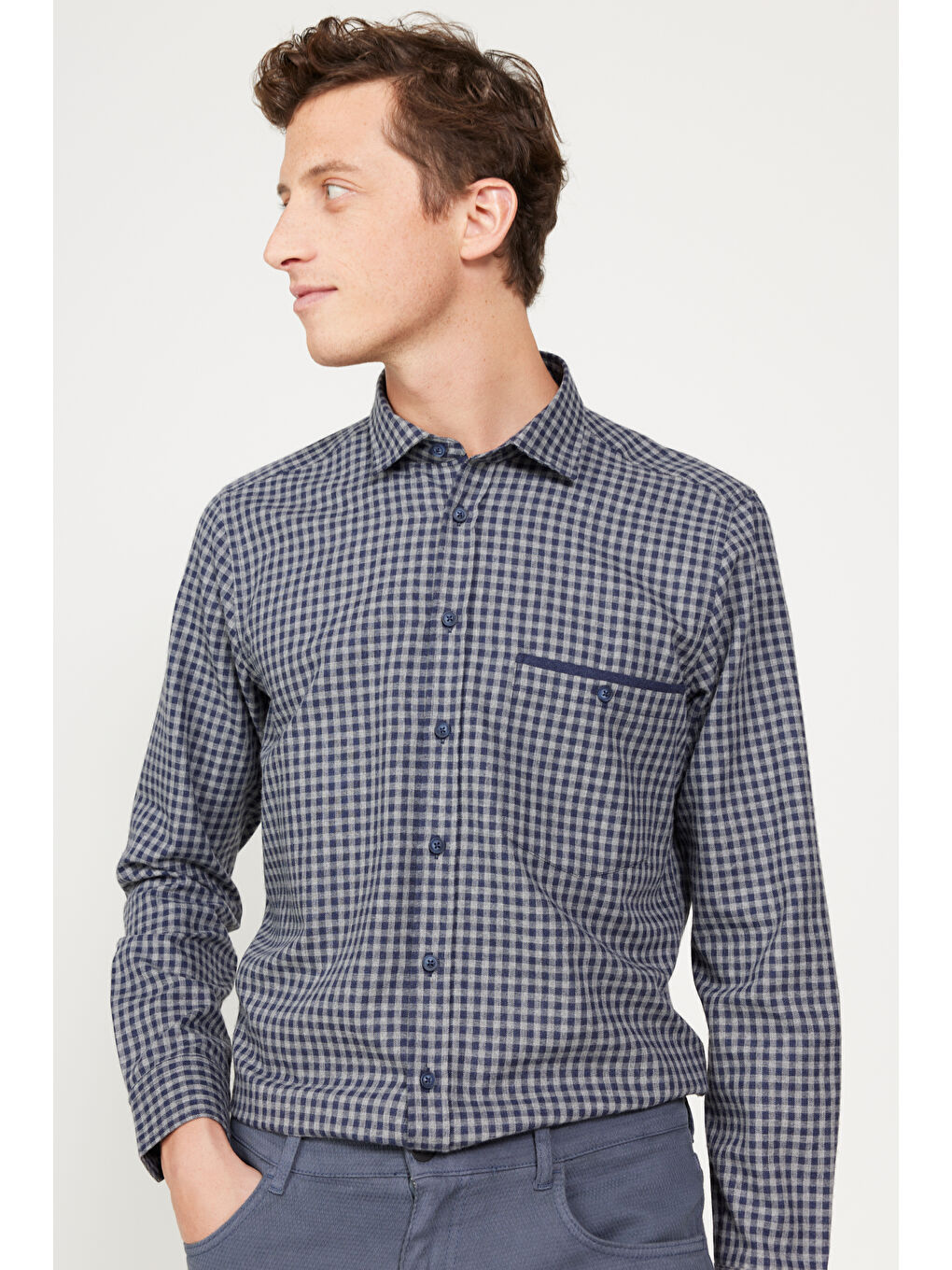 Erkek Lacivert-Gri Slim Fit Dar Kesim Klasik Yaka Kareli Gömlek-3