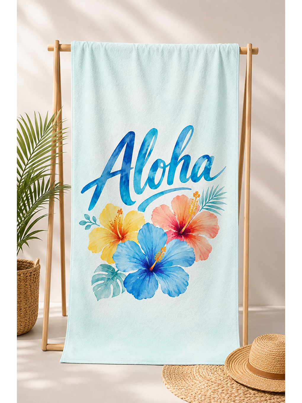 Ekru Tropik Hibiskus Çiçek Desenli 70x150 Plaj Havlusu-2