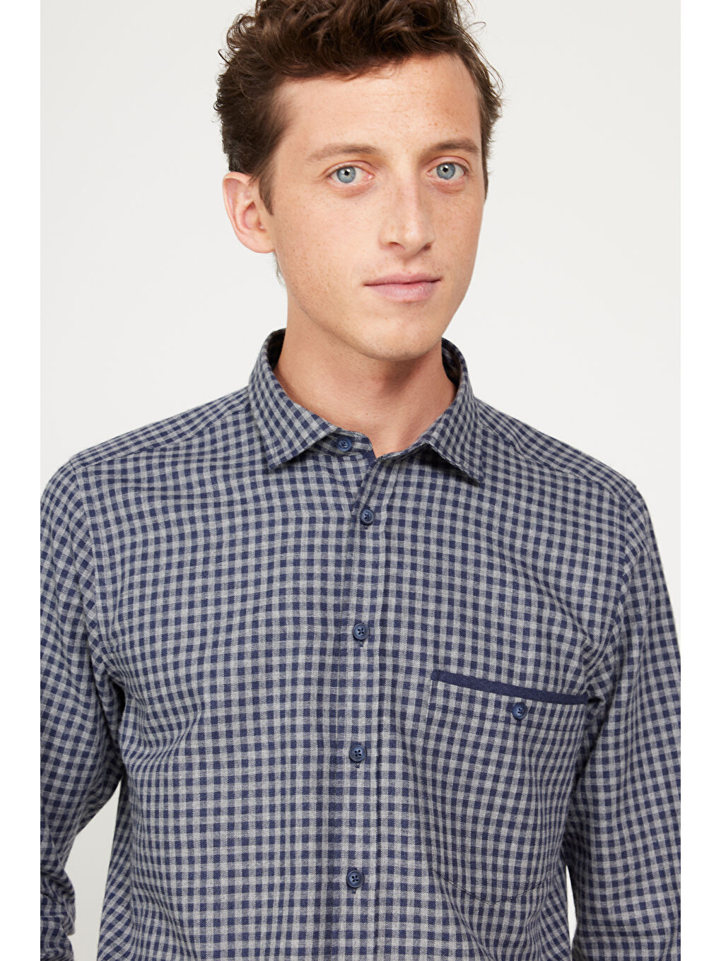 Erkek Lacivert-Gri Slim Fit Dar Kesim Klasik Yaka Kareli Gömlek-4