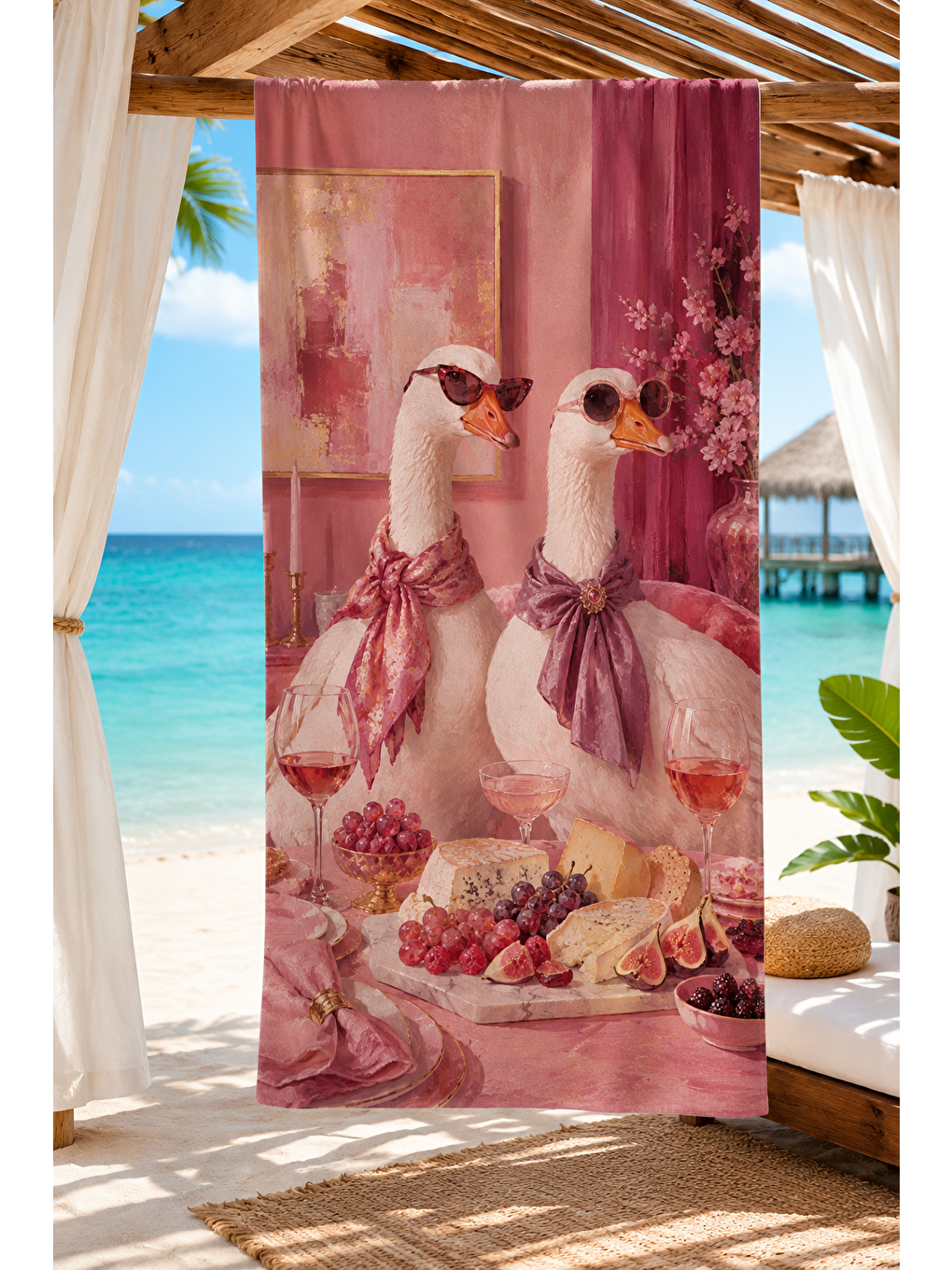 Mavi Kuş Figürlü Pembe Piknik Desenli 70x150 Plaj Havlusu-4