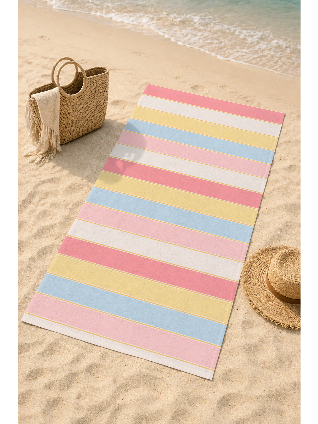 Pembe Pastel Renkli Yatay Şerit Desenli 70x150 Plaj Havlusu-4