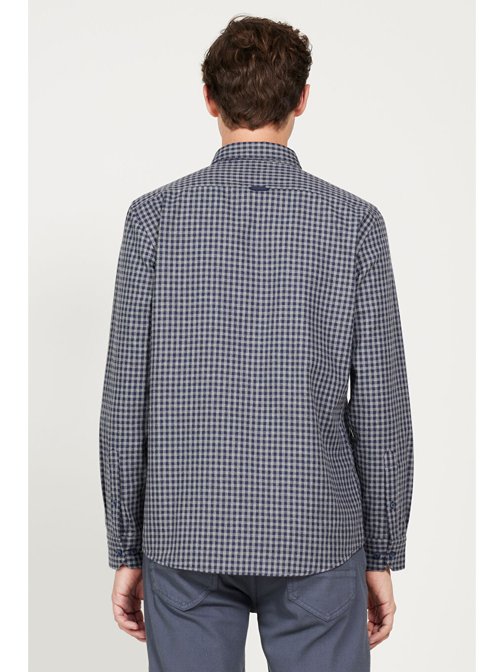 Erkek Lacivert-Gri Slim Fit Dar Kesim Klasik Yaka Kareli Gömlek-6