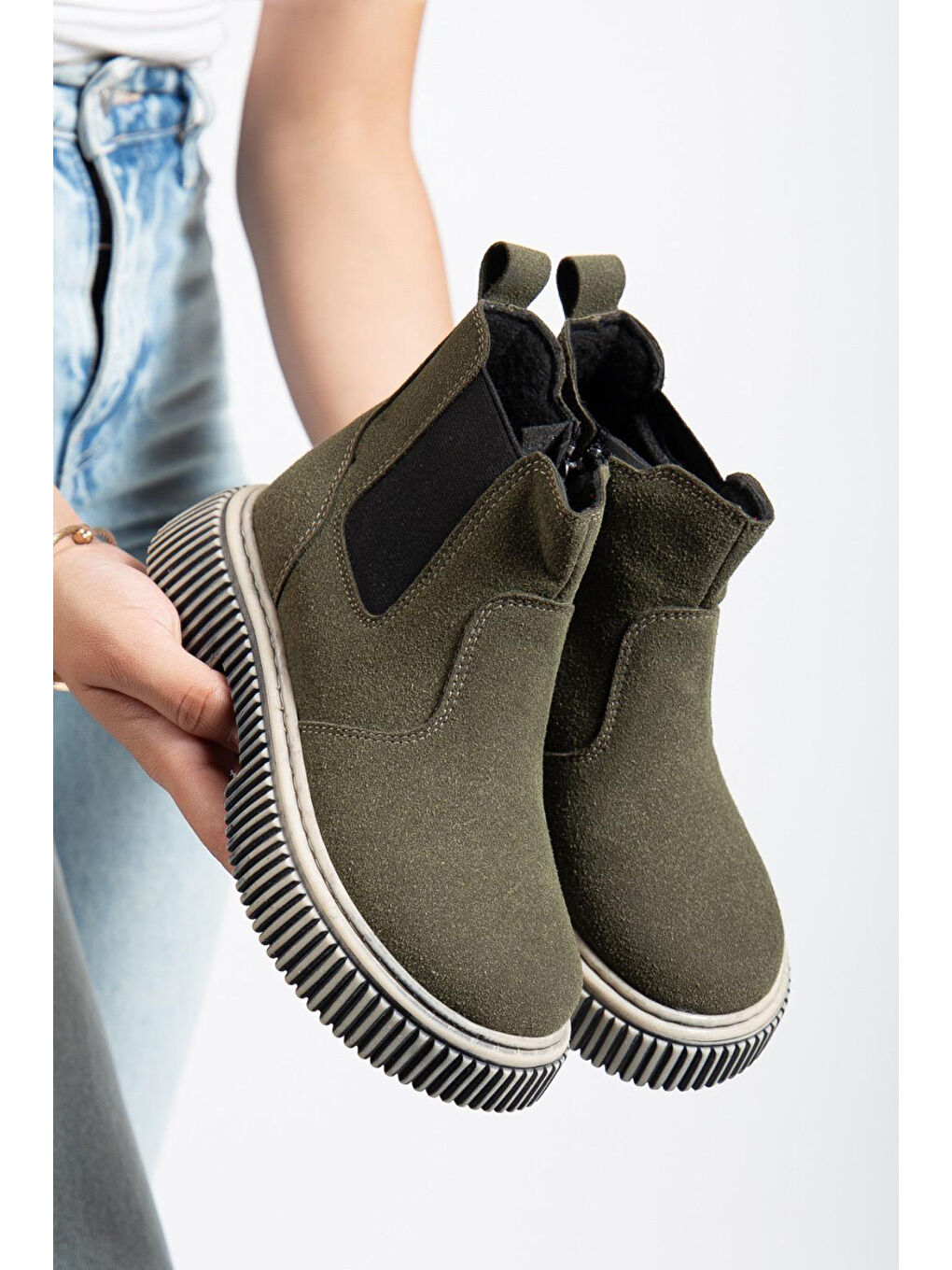 Çocuk Unisex Haki Süet Kalın Tırtıklı Termo Taban Fermuarlı Lastikli Chelsea Bot-1