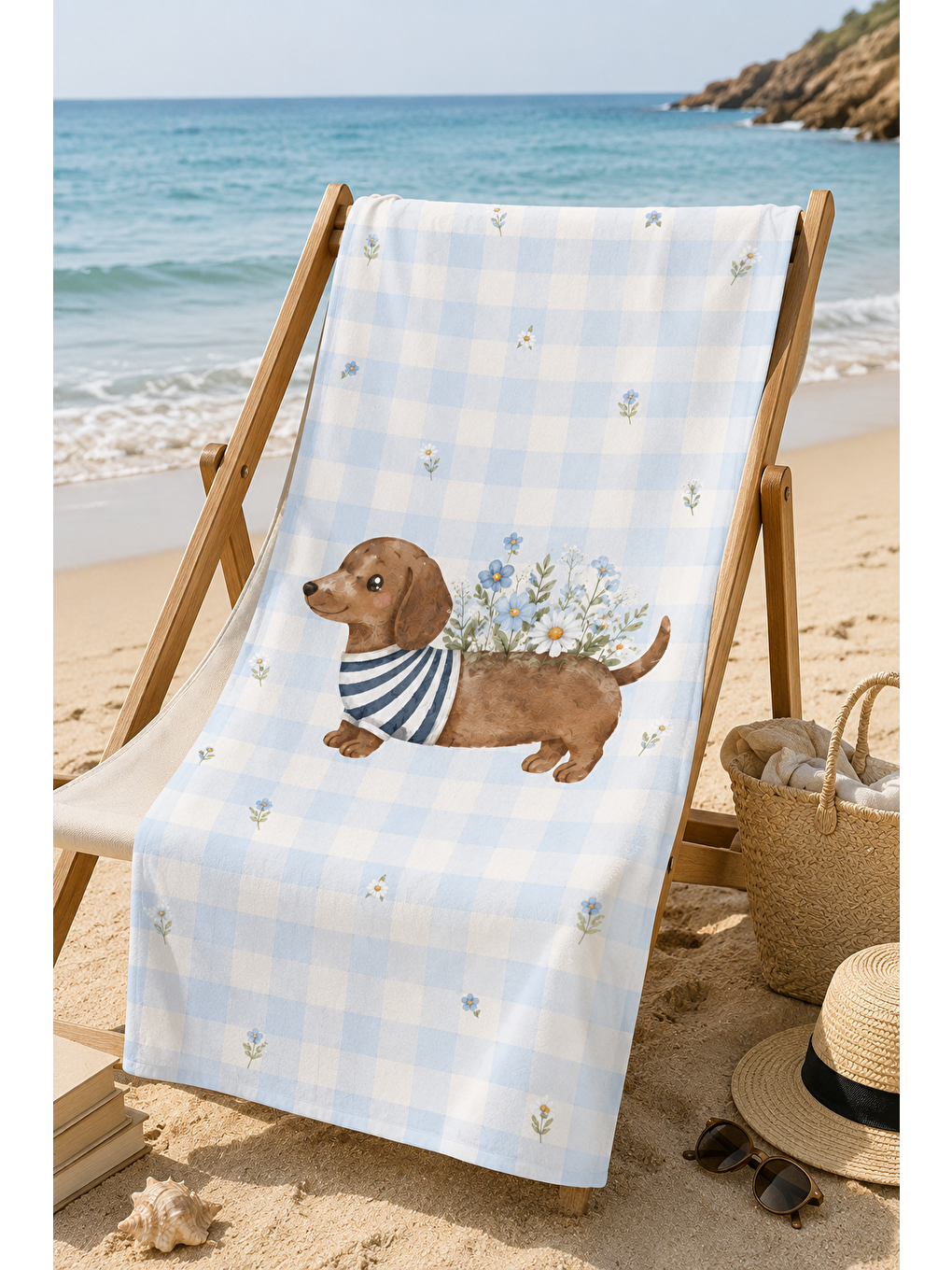 Gri Dachshund Köpek Çiçekli Desenli 70x150 Plaj Havlusu-5