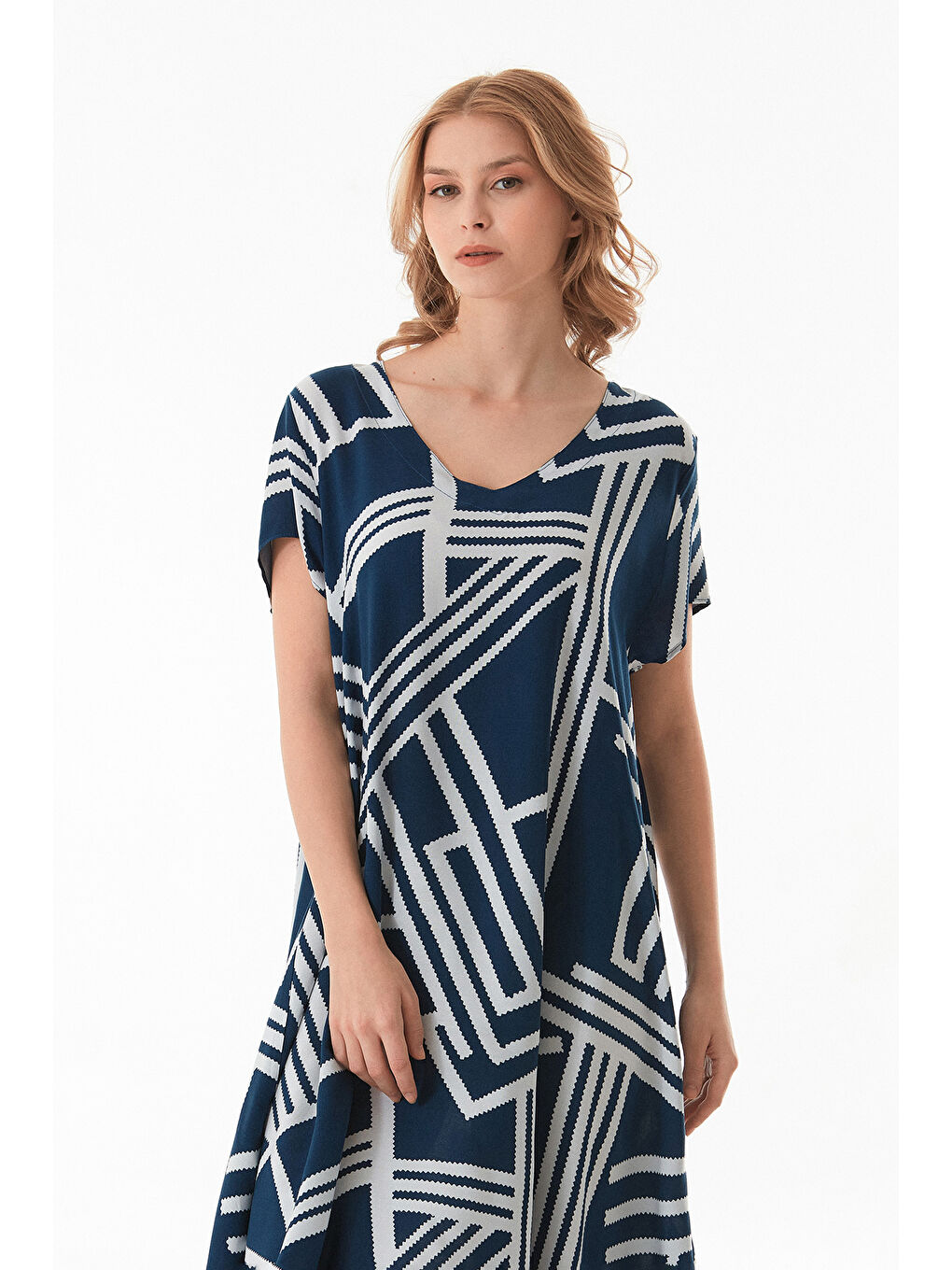 Lacivert Çizgili V Yaka Salaş Elbise-1