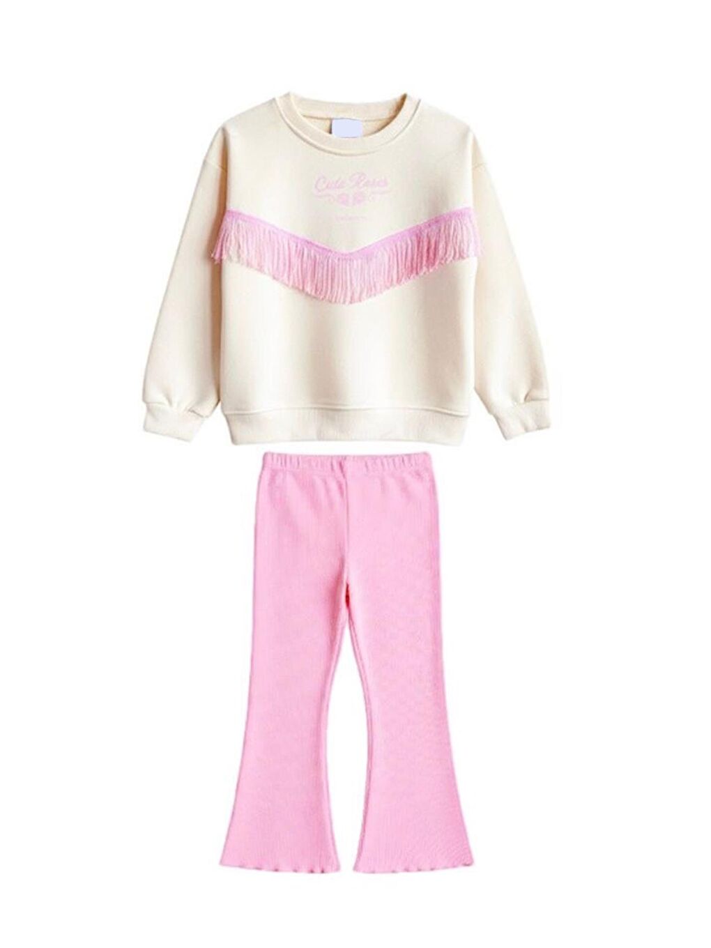 Ekru Kız Çocuk Püskül Detaylı 3 İplik Pamuklu Kumaş Alt Üst Takım