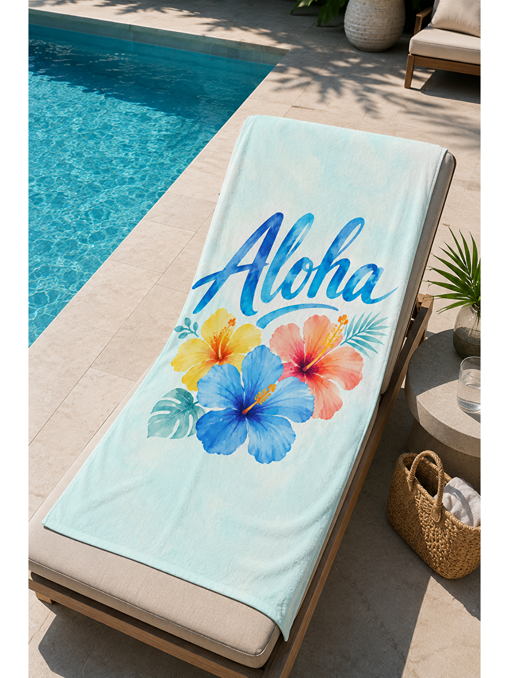 Ekru Tropik Hibiskus Çiçek Desenli 70x150 Plaj Havlusu-3