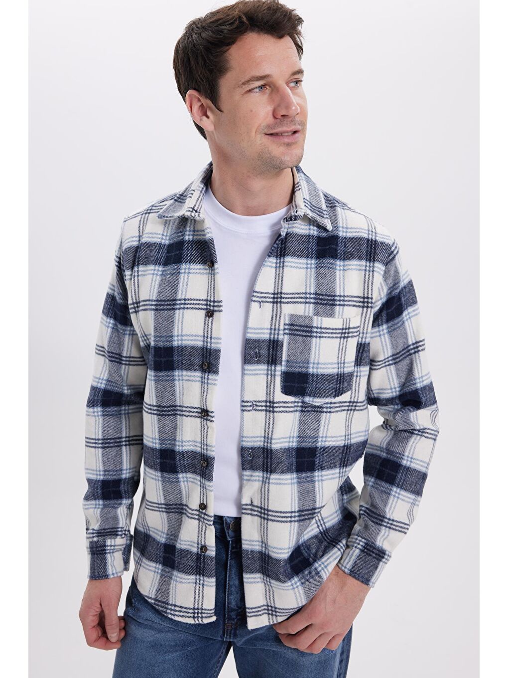 Lacivert Erkek Regular Fit Rahat Kesim Kışlık Kareli Oduncu Gömlek