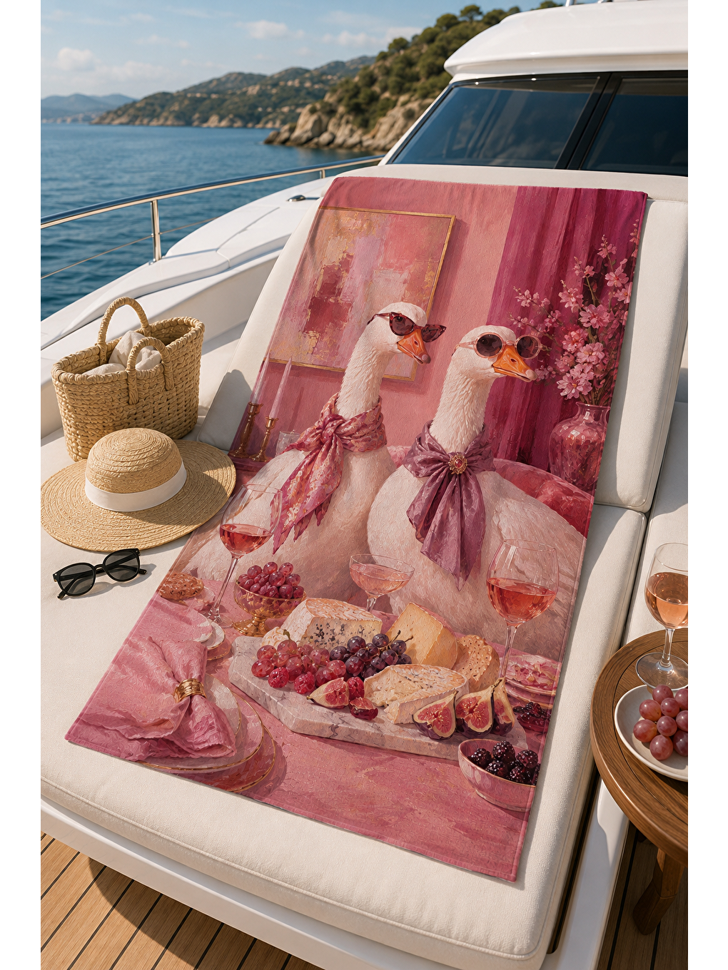 Mavi Kuş Figürlü Pembe Piknik Desenli 70x150 Plaj Havlusu-5