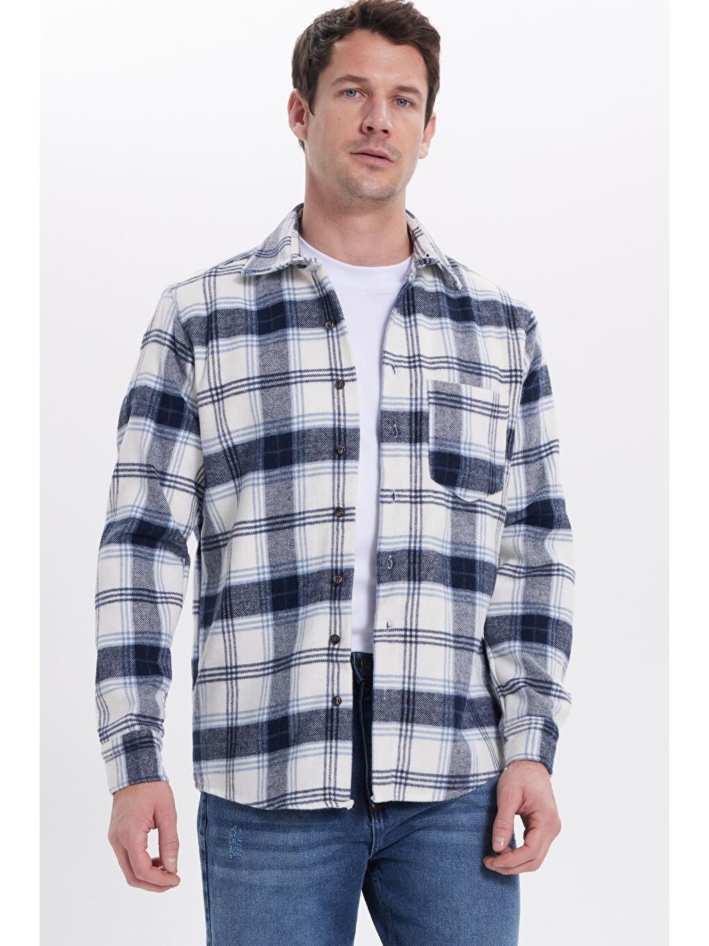 Lacivert Erkek Regular Fit Rahat Kesim Kışlık Kareli Oduncu Gömlek-1