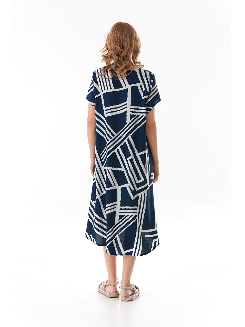 Lacivert Çizgili V Yaka Salaş Elbise-2