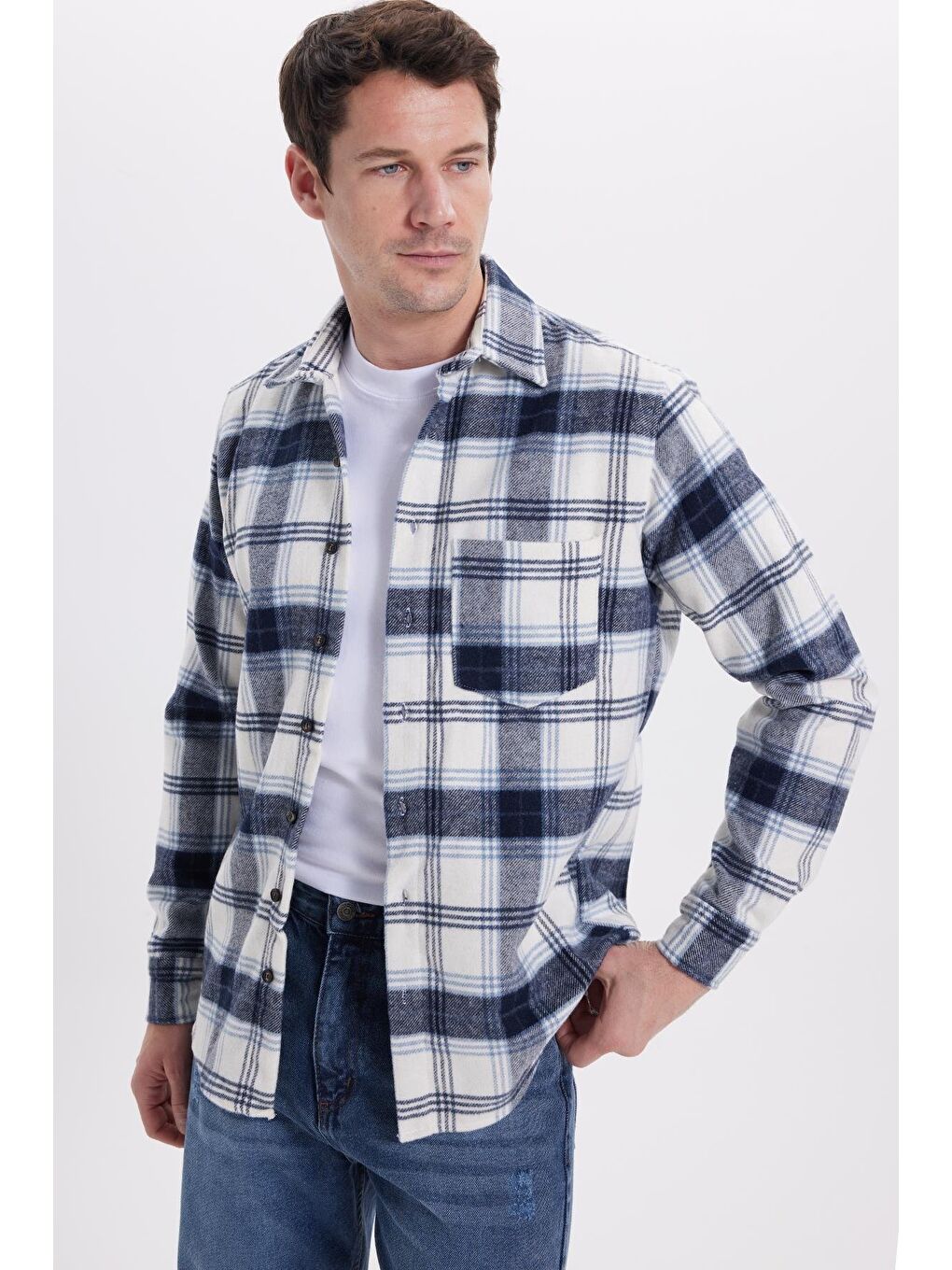 Lacivert Erkek Regular Fit Rahat Kesim Kışlık Kareli Oduncu Gömlek-4