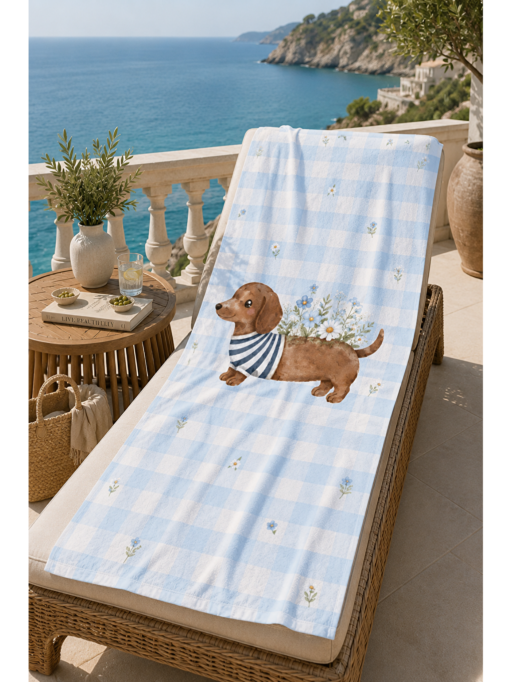 Gri Dachshund Köpek Çiçekli Desenli 70x150 Plaj Havlusu-6