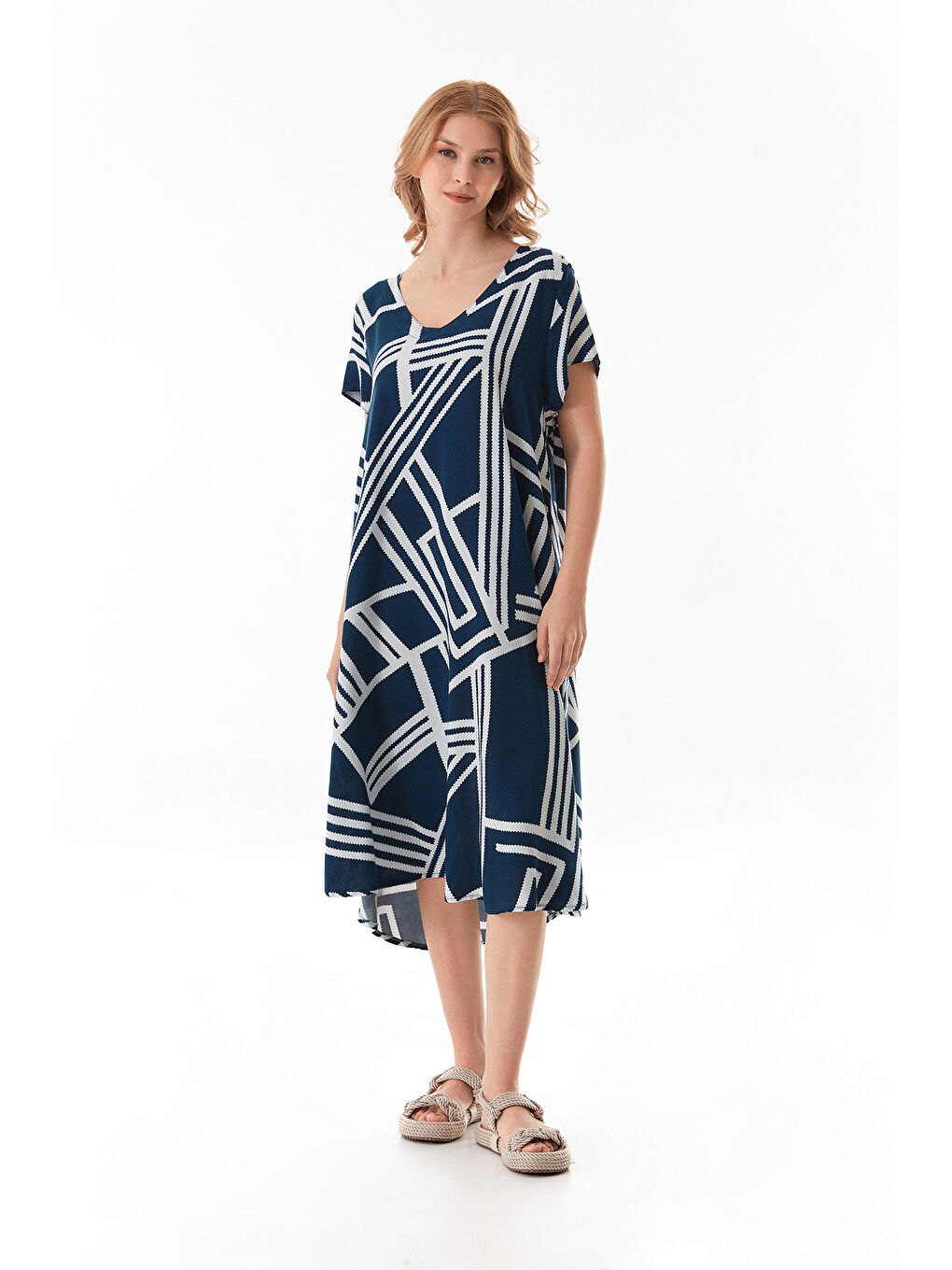 Lacivert Çizgili V Yaka Salaş Elbise-3