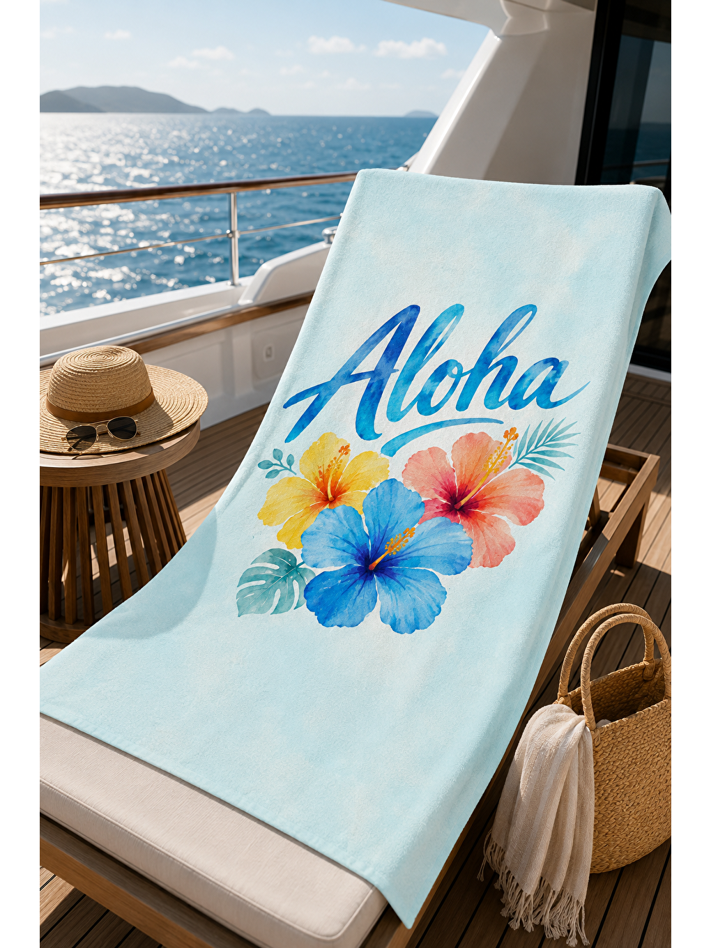 Ekru Tropik Hibiskus Çiçek Desenli 70x150 Plaj Havlusu-4