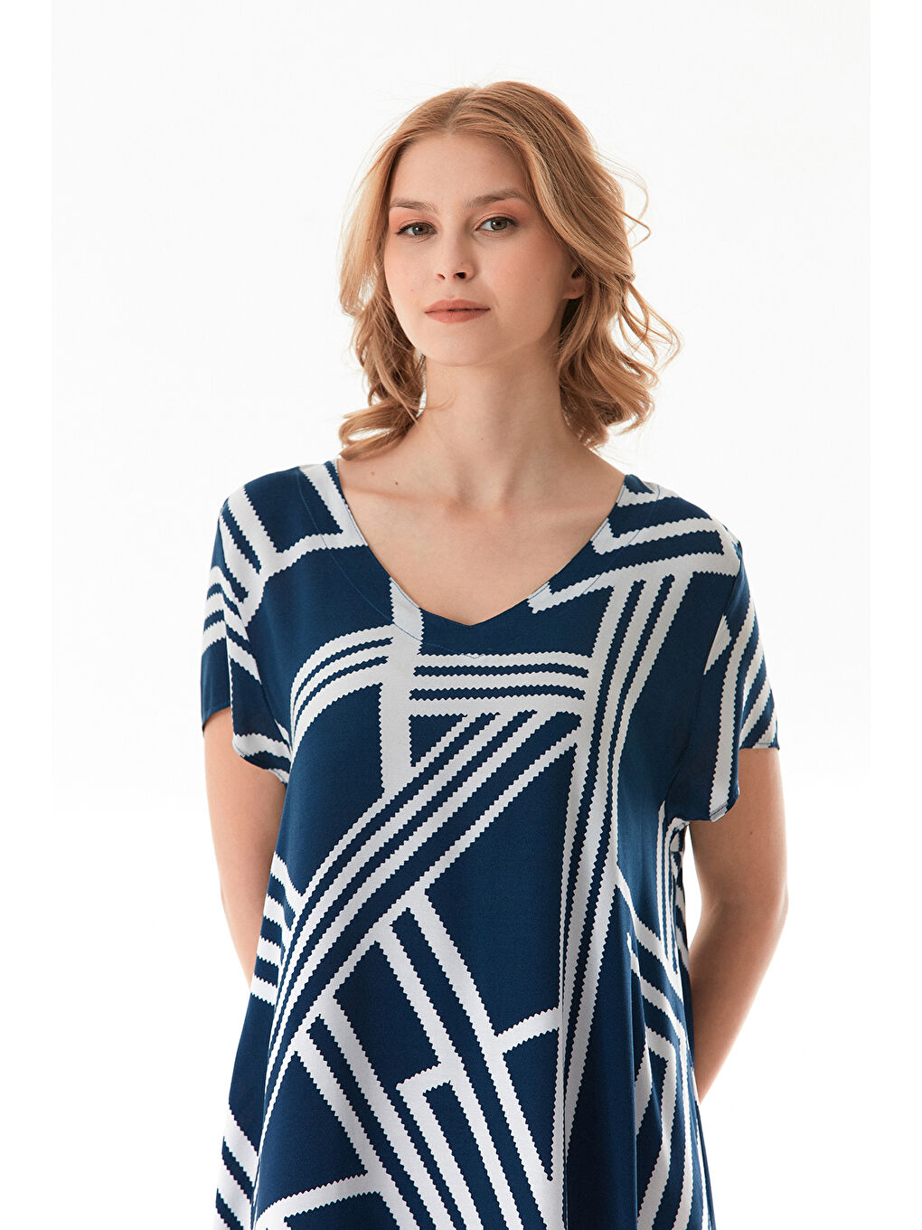 Lacivert Çizgili V Yaka Salaş Elbise-4