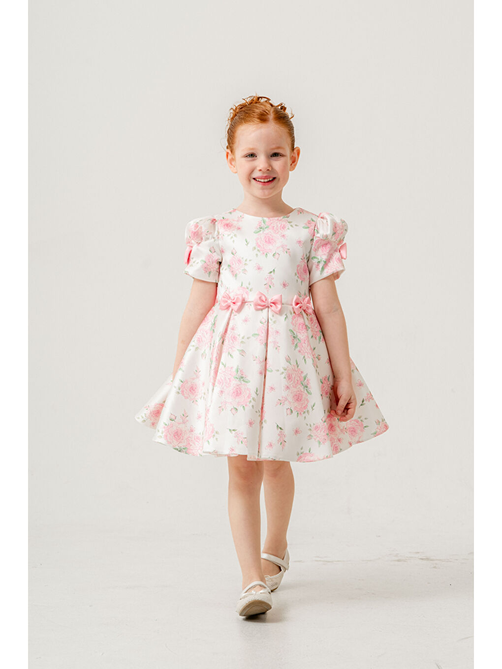 Pink Girls Fuşya Kolu Fiyonk Detaylı Çiçek Baskılı Günlük Jile Elbise