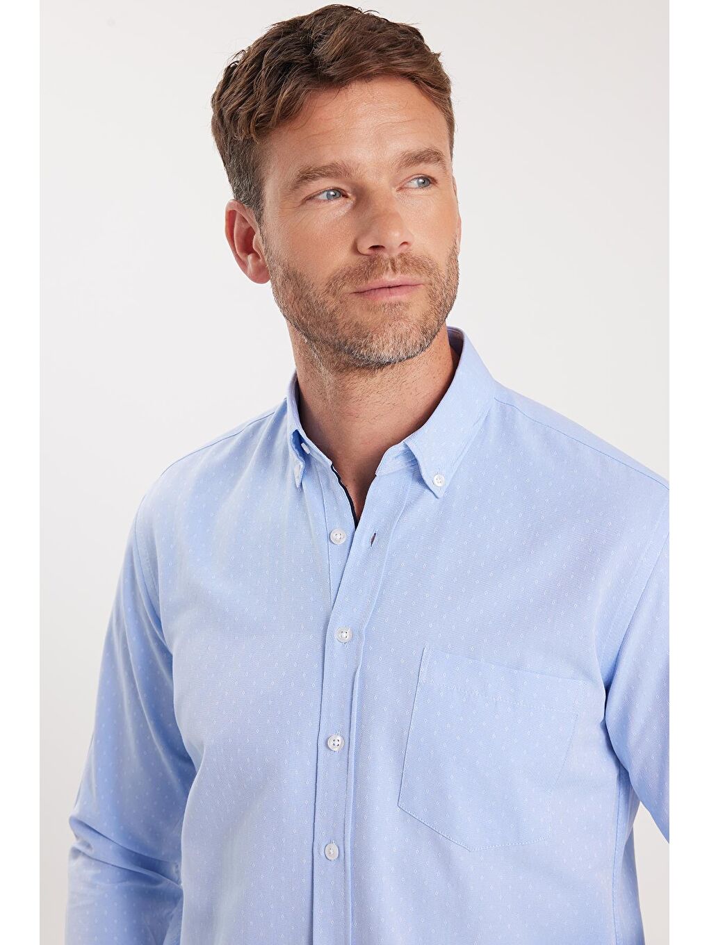 ​​​​​​​ Erkek Regular Fit Klasik Kesim Pamuklu Kolay Ütü Armürlü Mavi Düğmeli Yaka Gömlek-1