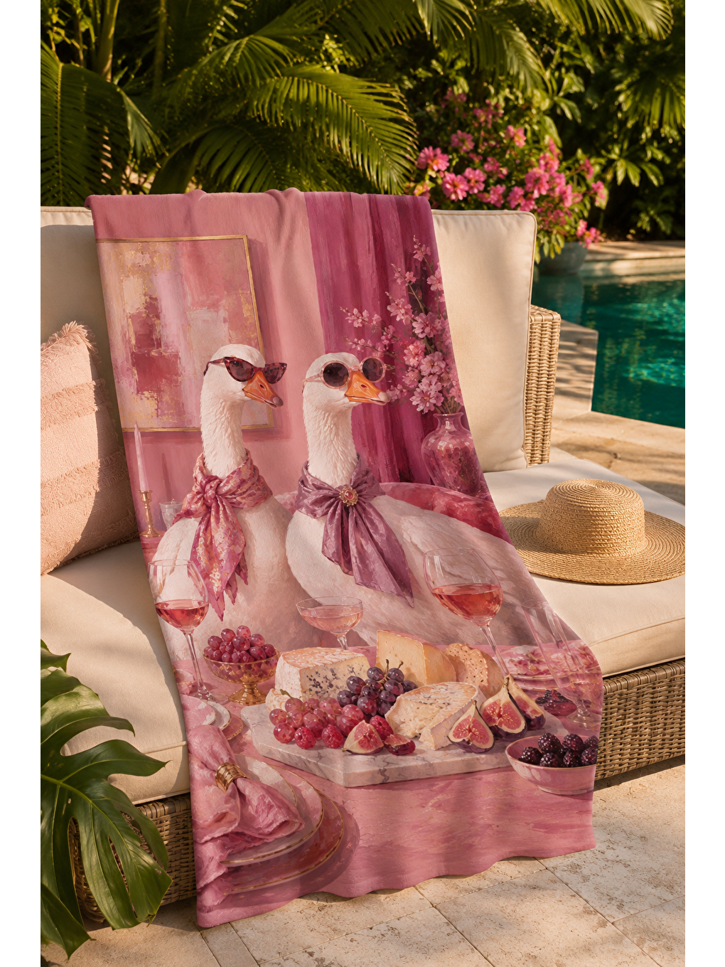 Mavi Kuş Figürlü Pembe Piknik Desenli 70x150 Plaj Havlusu-6